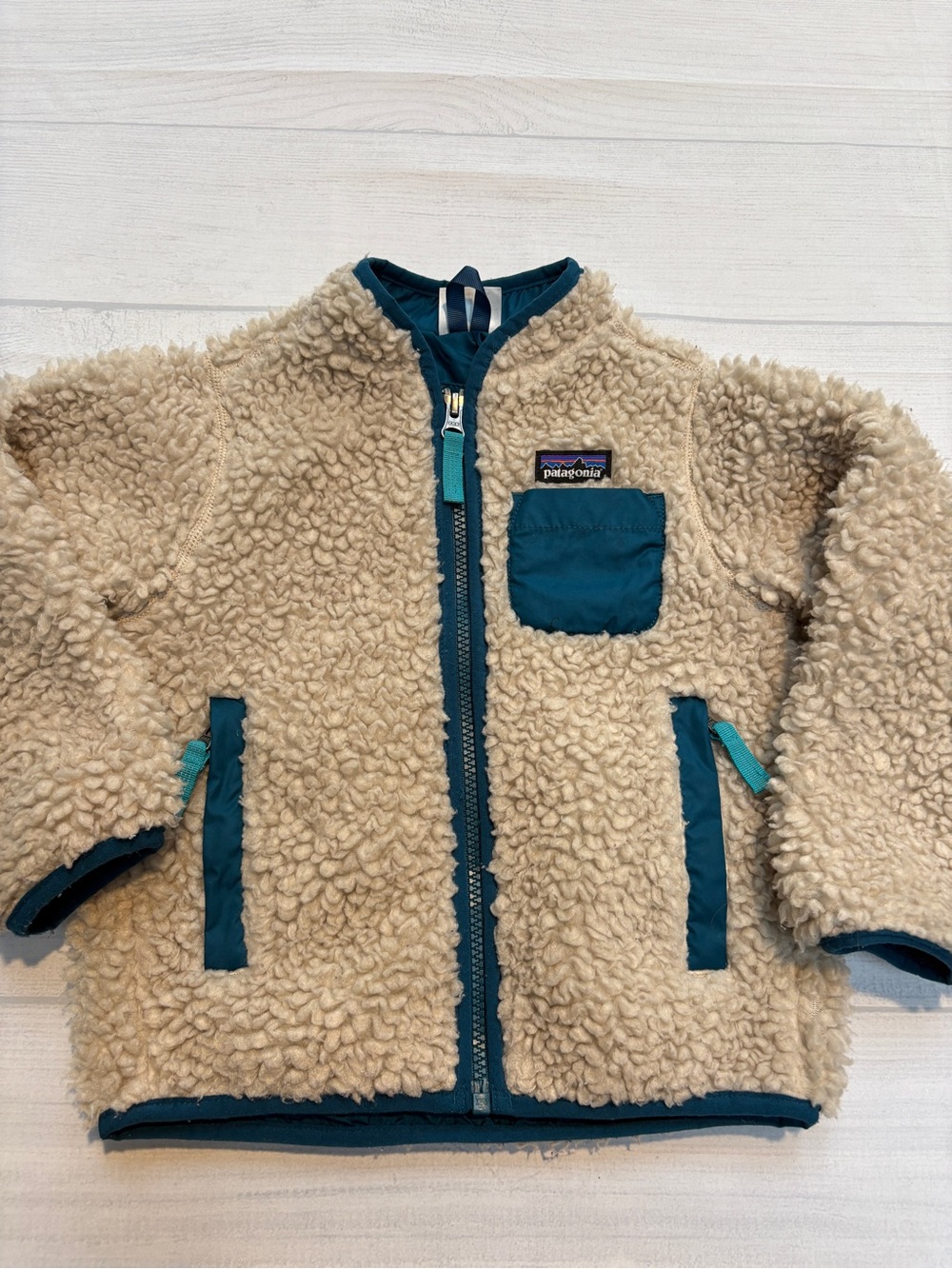 Patagonia Kids Cream Sherpa Jacket with Teal Trim